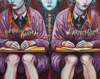 Work From Home - One of a kind, hand made oil painting. 12" by 12".
