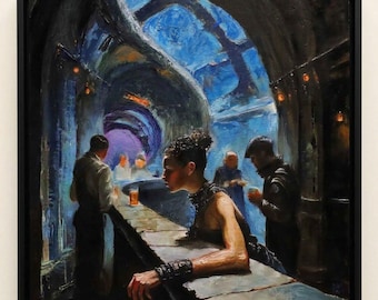 Hand Painted Oil Painting, Framed. Space Station Cafe.