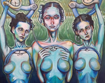 Slaves to the Clock - One of a kind, hand made oil painting. 12" by 12".