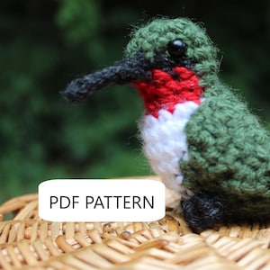 May include: A handmade crochet hummingbird with green, red, white, and black details. The bird has a long black beak and is perched on a woven basket. The text "PDF PATTERN" is displayed on a white rectangle.