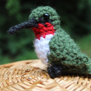 Op de afbeelding: Een handgemaakte gehaakte kolibri-figuur. De vogel is gemaakt van groen, rood, wit en zwart garen, met een lange zwarte snavel en een klein zwart oog. De kolibrie zit op een gevlochten mand, tegen een vage groene achtergrond.