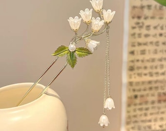 Elegante handgemaakte parellelie-haarstok - haarspeld met kwastjes - cadeau voor haar - knothouder - geschikt voor hanfu en qipao