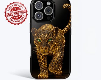 Luxury Leopard Phone Case, Gold Panther Glitter Case, Black Glam Animal Print Phone Cover, iPhone Samsung Pixel Protective Case