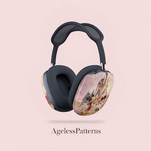 May include: Wireless over-ear headphones with a black headband and earcups. The earcups feature a colorful graphic of a castle and cartoon characters. The text "AgelessPatterns" is at the bottom.