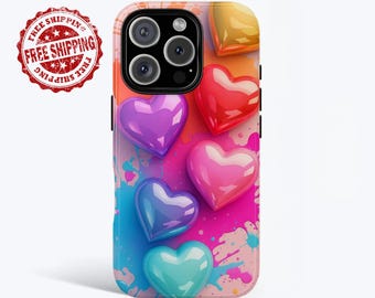 Colorful Heart Phone Case, Glossy 3D Cute Hearts Design, iPhone Samsung Pixel Phone Cover, Gift for Her, Valentine's Day Gift
