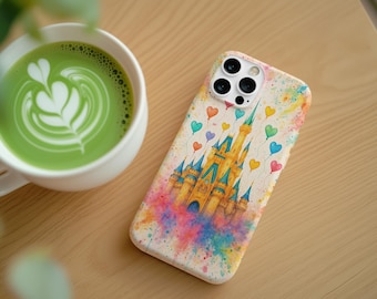 水彩画のお城のiPhoneケース、ハートバルーン、ディズニー好きへのギフト