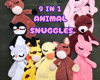 Mega Snuggler Crochet Pattern Bundle - 9 Farm Animal Loveys PDF | Donkey, Bunny, Duck, Owl, Cow, Bear, Pig, Penguin, Giraffe