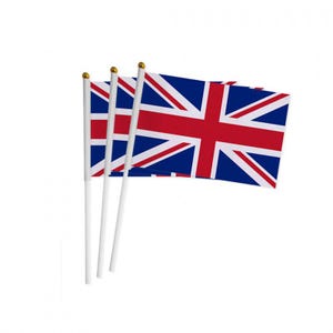 May include: Three small hand-held flags of the United Kingdom. Each flag is attached to a white stick with a gold tip.