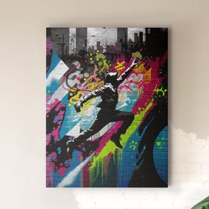 Urban Street Art Canvas: Dynamic Graffiti Mural with Vibrant Colors and Edgy Vibes.
