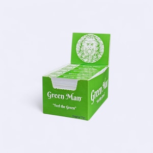 May include: A green box of Green Man Original Tips rolling papers. The box has a green man logo with the text "Green Man" and "Feel the Green".