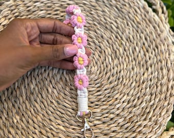 Macrame Flower Wristlet Keychain | Keyring Holder Gift for Moms - Stocking Stuffer | Macrame Wristlet Keychain Gift for Her | Teacher Gift