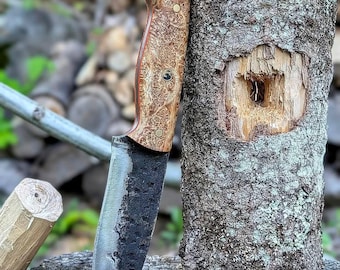 Hanforged Bushcraft Knife with Custom Kydex Sheath, Stabilized Amboyna Wood, High Carbon Steel