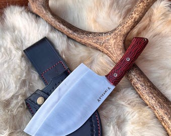 Handsmidd Almazan kockkniv: Traditionell serbisk köttyxa med läderslida