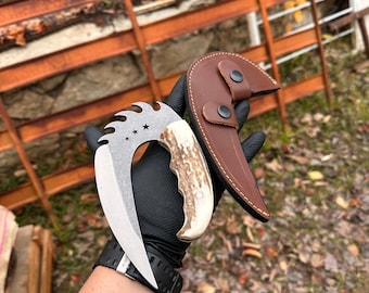Specialanpassad Karambit-kniv, handtag av hjorthorn, läderslida
