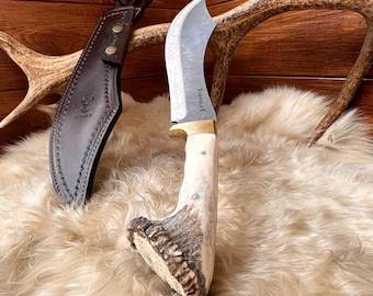 Hand Forged Kukri Knife: Deer Antler Handle, Leather Sheath