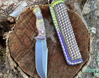Handgjord Bushcraft-kniv i N690-stål: Stabiliserat lönnhandtag, läderslida