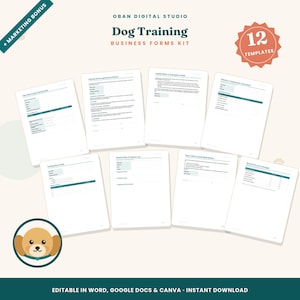 May include: A digital dog training business forms kit featuring 12 templates with text including Oban Digital Studio, Dog Training Business Forms Kit, and Marketing Bonus. The white pages contain various forms with teal headers and lines.