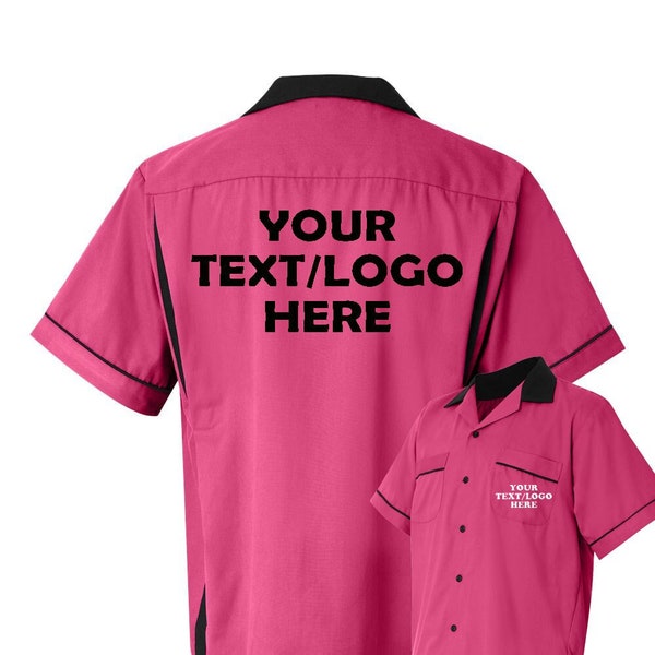 Custom Made Hilton HP2244 Pink & Black Bowling Shirt with Glitter or Vinyl Print Personalized Customized for your Team.