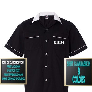 Custom Made Hilton HP2244 White & Black Retro Style Bowling Shirt with Glitter or Vinyl Print Personalized Customized for your Team.