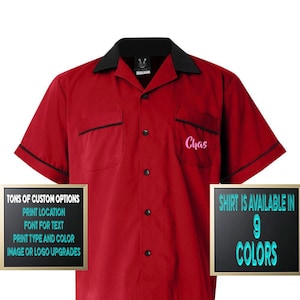 Custom Made Hilton HP2244 Red & Black Retro Style Bowling Shirt with Glitter or Vinyl Print Personalized Customized for your Team.