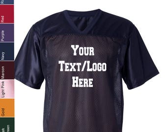 May include: A navy blue mesh jersey with a white v-neck collar. The jersey has a white text overlay that says "YOUR TEXT/LOGO HERE".