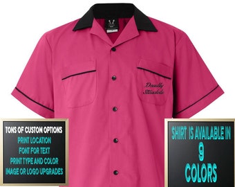 Custom Made Hilton HP2244 Pink & Black Retro Style Bowling Shirt with Glitter or Vinyl Print Personalized Customized for your Team.