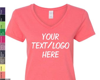 Custom Women's V-Neck T-Shirt: Gildan Heavy Cotton, Solid or Glitter Print 5V00L