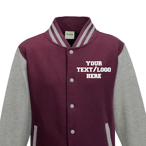 Custom Made Burgundy Maroon and Heather Grey Letterman Jacket  AWDis All We Do Is JHA043 Letterman Jacket Vinyl or Glitter Print