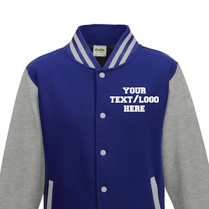 Custom Made Adult and Youth Royal Blue and Heather Grey Letterman Jacket  AWDis All We Do Is JHA043 Letterman Jacket Vinyl or Glitter Print