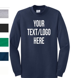 May include: A navy blue long-sleeve mock neck t-shirt with the text "YOUR TEXT/LOGO HERE" printed in white on the front.