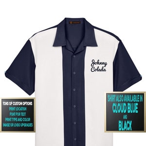 Custom Made Harriton Men&#39;s Two-Tone Bowling Shirt Style Camp Shirt - Navy and Creme Small through 4XL Retro Style