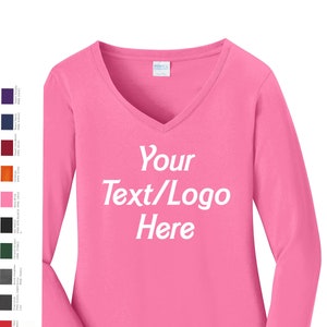 Custom Port & Company® Ladies Long Sleeve Fan Favorite™ V-Neck Tee - LPC450VLS All Sizes Vinyl , Glitter Print  apparel