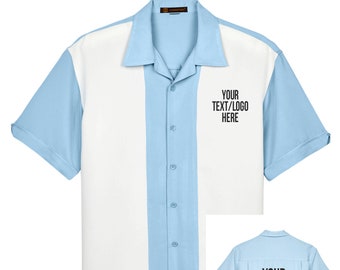 Custom Made Harriton Men's Two-Tone Bowling Shirt Style Camp Shirt - Cloud Blue and Creme Small through 4XL