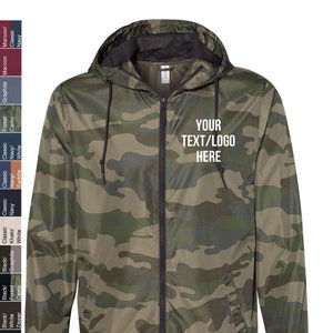 Custom Made Independent Trading Co. - Light Weight Windbreaker Zip Jacket - EXP54LWZ Green Camo Camouflage with Vinyl or Glitter Print