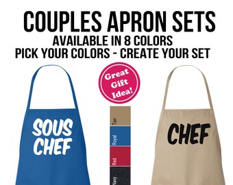 Chef and Sous Chef Matching Couples Apron Set  Select Your Apron Color Great Gift Idea for Couples Cooking Apron Set