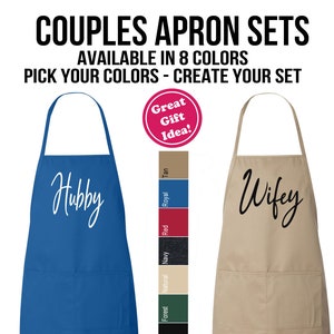 Hubby Wifey Matching Couples Apron Set Cursive Font Select Your Apron Color Great Gift Idea for Couples Cooking Apron Set