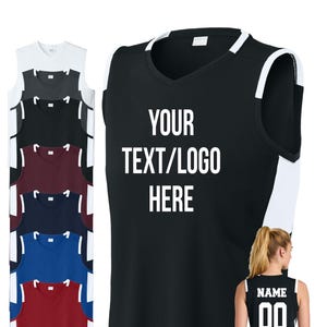 May include: A collection of sleeveless athletic jerseys in various colors, including black, white, gray, navy, and red. The black jersey features the text "YOUR TEXT/LOGO HERE" in white. A woman is wearing a black jersey with "NAME" and "00" on the back.