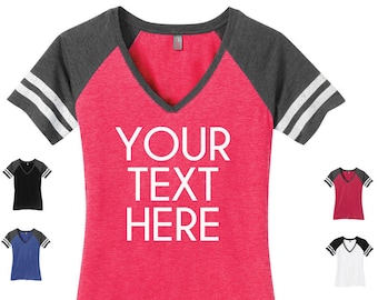 Customizable Ladies V-Neck Tee: Football Jersey Style, Solid or Glitter Print District DM476