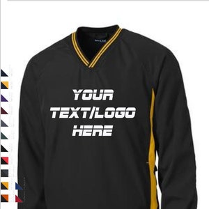 May include: Black windbreaker jacket with a yellow stripe down the side and a yellow v-neck collar. The jacket has the text "YOUR TEXT/LOGO HERE" printed on the front.