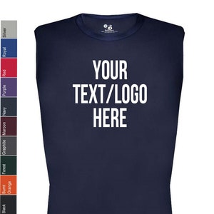 May include: Navy blue sleeveless compression shirt with the text "YOUR TEXT/LOGO HERE" in white. The shirt has a crew neck and is designed for athletic wear. A color palette of options is shown on the left.