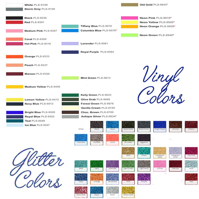 K&ouml;nnte beinhalten: Eine Tabelle mit Vinyl- und Glitterfarben mit entsprechenden Farbnamen und Produktcodes. Die Tabelle enth&auml;lt eine Vielzahl von Farben, darunter Rot, Blau, Gr&uuml;n, Gelb und Lila. Die Tabelle ist mit "Vinylfarben" und "Glitterfarben" beschriftet.