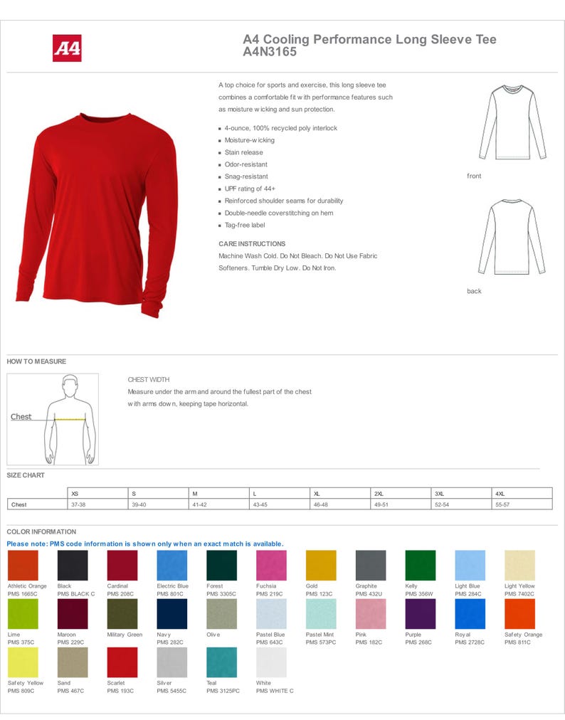 May include: A red long-sleeve performance tee shirt with the text "A4 Cooling Performance Long Sleeve Tee A4N3165". The shirt is designed for sports and exercise and features moisture-wicking and sun protection.