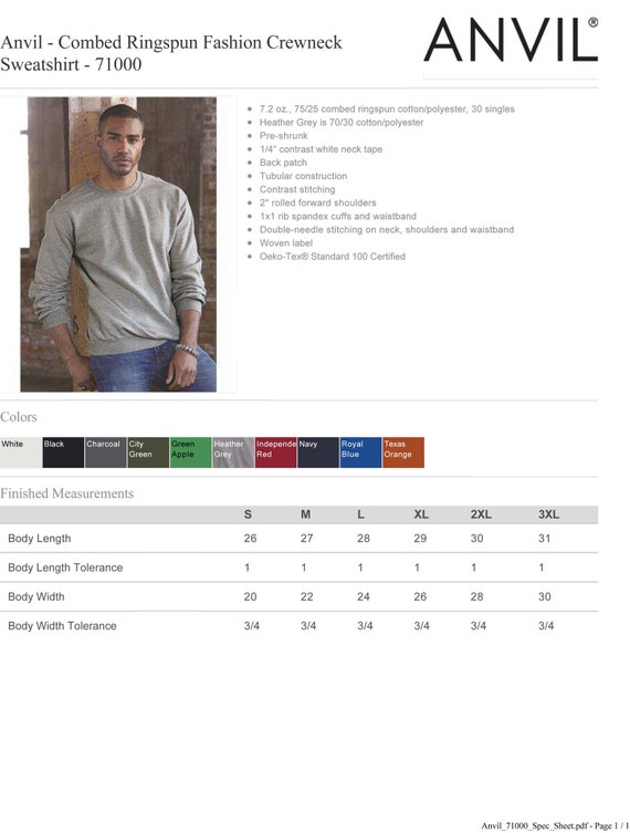 Customized Anvil Combed Ringspun Fashion Crewneck Sweatshirt 71000