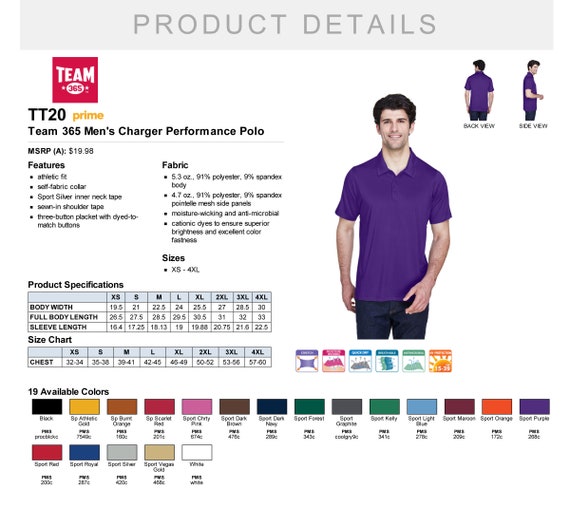 Team 365 Shirts Size Chart