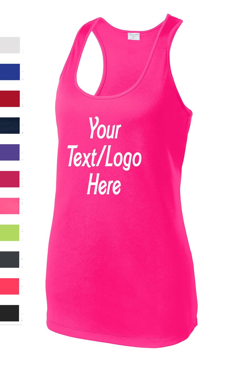 May include: A bright pink tank top with a white print that says "Your Text/Logo Here".