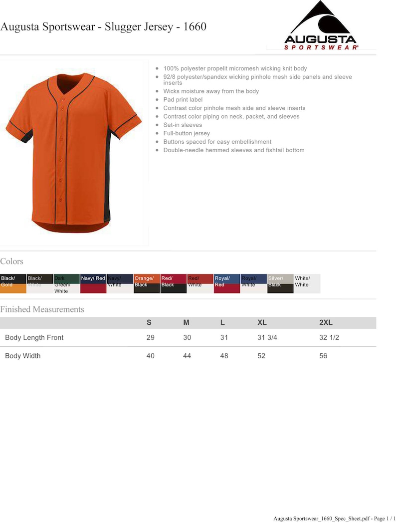 May include: Orange baseball jersey with black piping and a black button placket. The jersey is made of 100% polyester propelit micromesh wicking knit with 92/8 polyester/spandex wicking pinhole mesh side panels and sleeve inserts. The jersey has a full-button closure, double-needle hemmed sleeves, and a fishtail bottom.