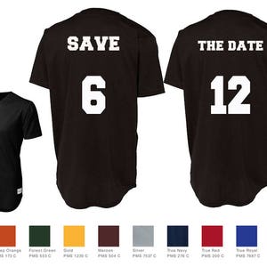 May include: Two black baseball jerseys with white text. The left jersey says "SAVE" and has the number "6" on it. The right jersey says "THE DATE" and has the number "12" on it.