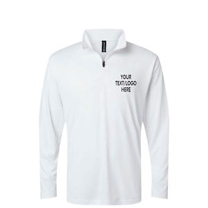 May include: White long-sleeve mock neck shirt with a zipper. The shirt has the text "YOUR TEXT/LOGO HERE" printed on the front.