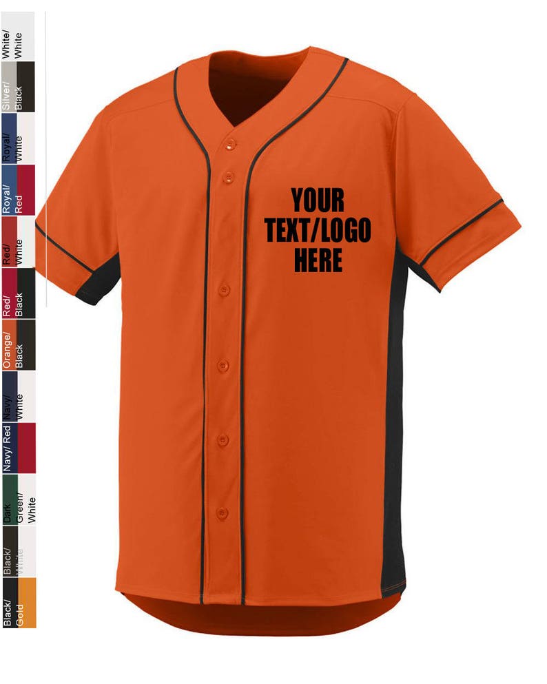May include: Orange baseball jersey with black trim and a black panel on the right side. The jersey has a button-up front and says "YOUR TEXT/LOGO HERE" in black text.