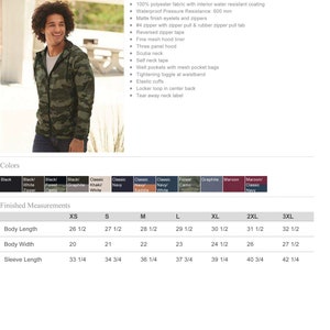 May include: A light weight windbreaker jacket in forest camo with a zipper closure and a zipper pull tab. The jacket has a scuba neck, mesh hood liner, and welt pockets with mesh bags. The size chart shows measurements in inches.
